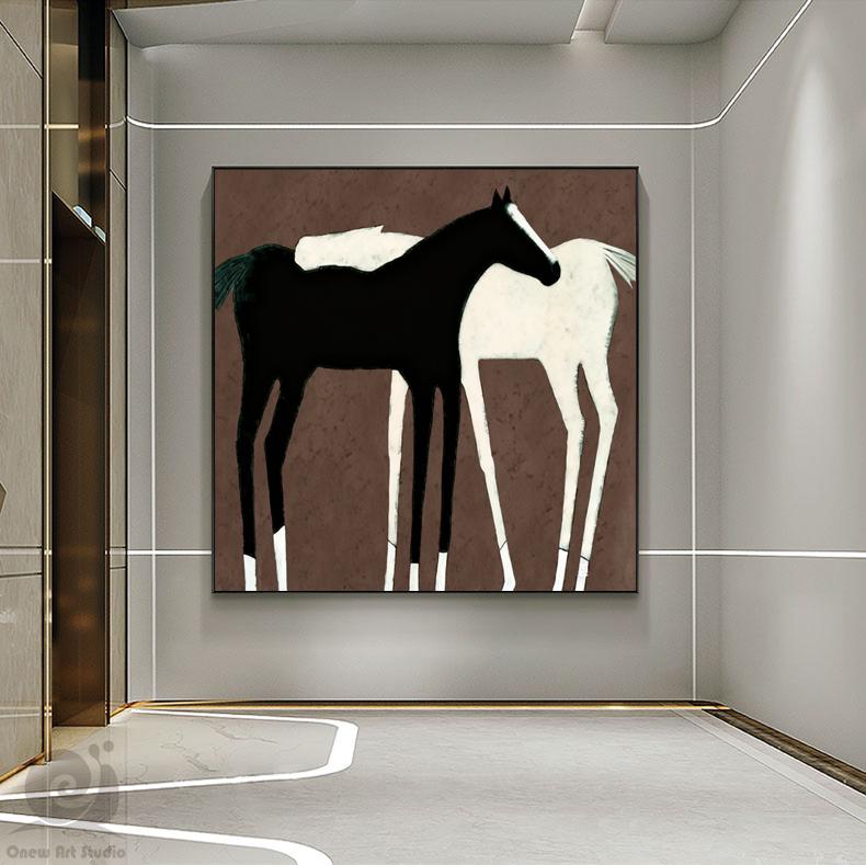 Large Abstract Black and White Horse Oil Painting on Canvas, Original Hand-painted Horse Canvas Art, Modern Animal Wall Art for Living Room