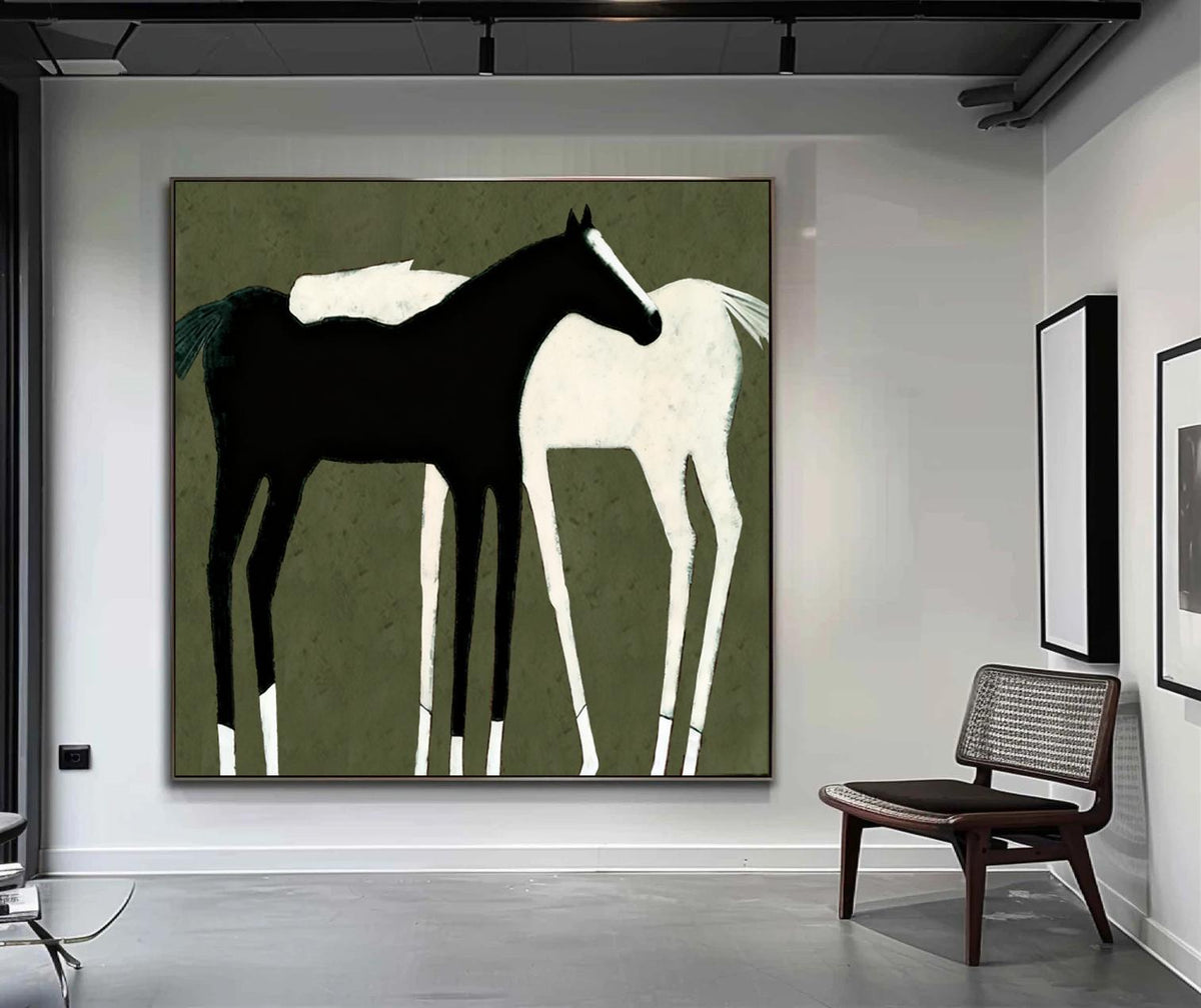 Large Abstract Black and White Horse Oil Painting on Canvas, Original Hand-painted Horse Canvas Art, Modern Animal Wall Art for Living Room