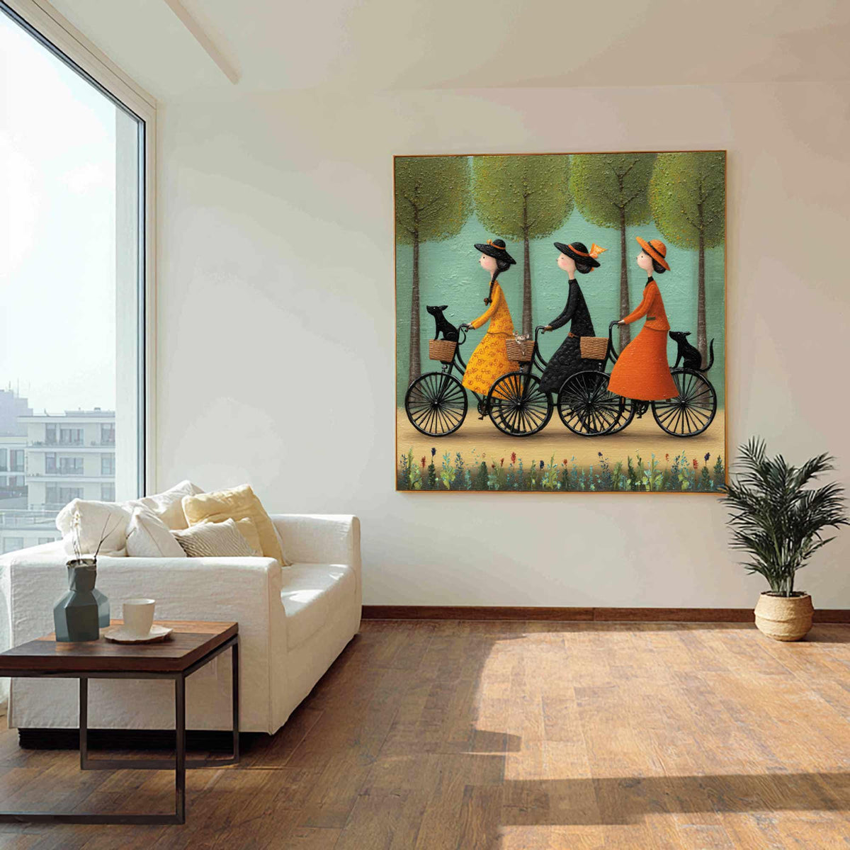 Bicycle Wall Art Vintage Folk Women With Pets Canvas Painting for Entryway Decor