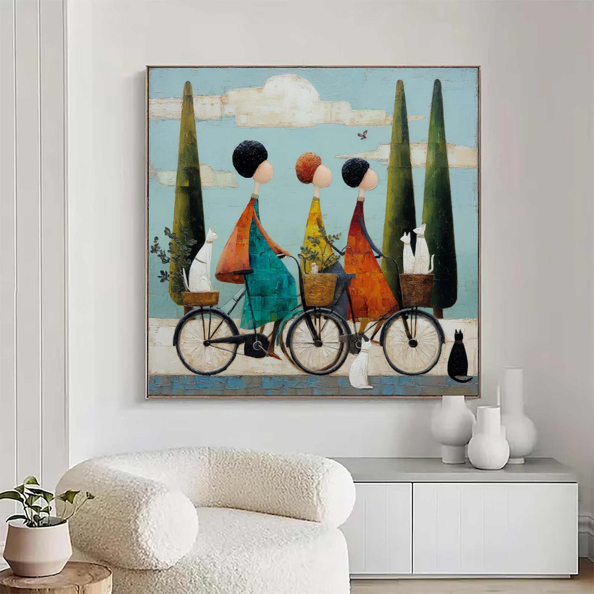 Three Women Riding Bicycles With Their Pets Pastoral Blue Sky Landscape Painting Vintage Style Wall Art Retro Wall Painting
