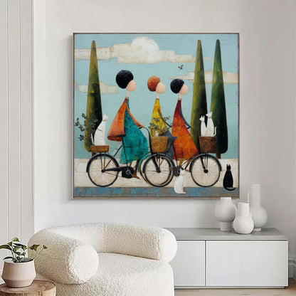 Three Women Riding Bicycles With Their Pets Pastoral Blue Sky Landscape Painting Vintage Style Wall Art Retro Wall Painting