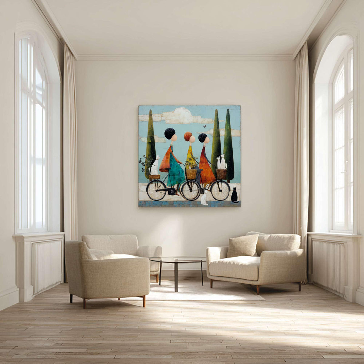Three Women Riding Bicycles With Their Pets Pastoral Blue Sky Landscape Painting Vintage Style Wall Art Retro Wall Painting