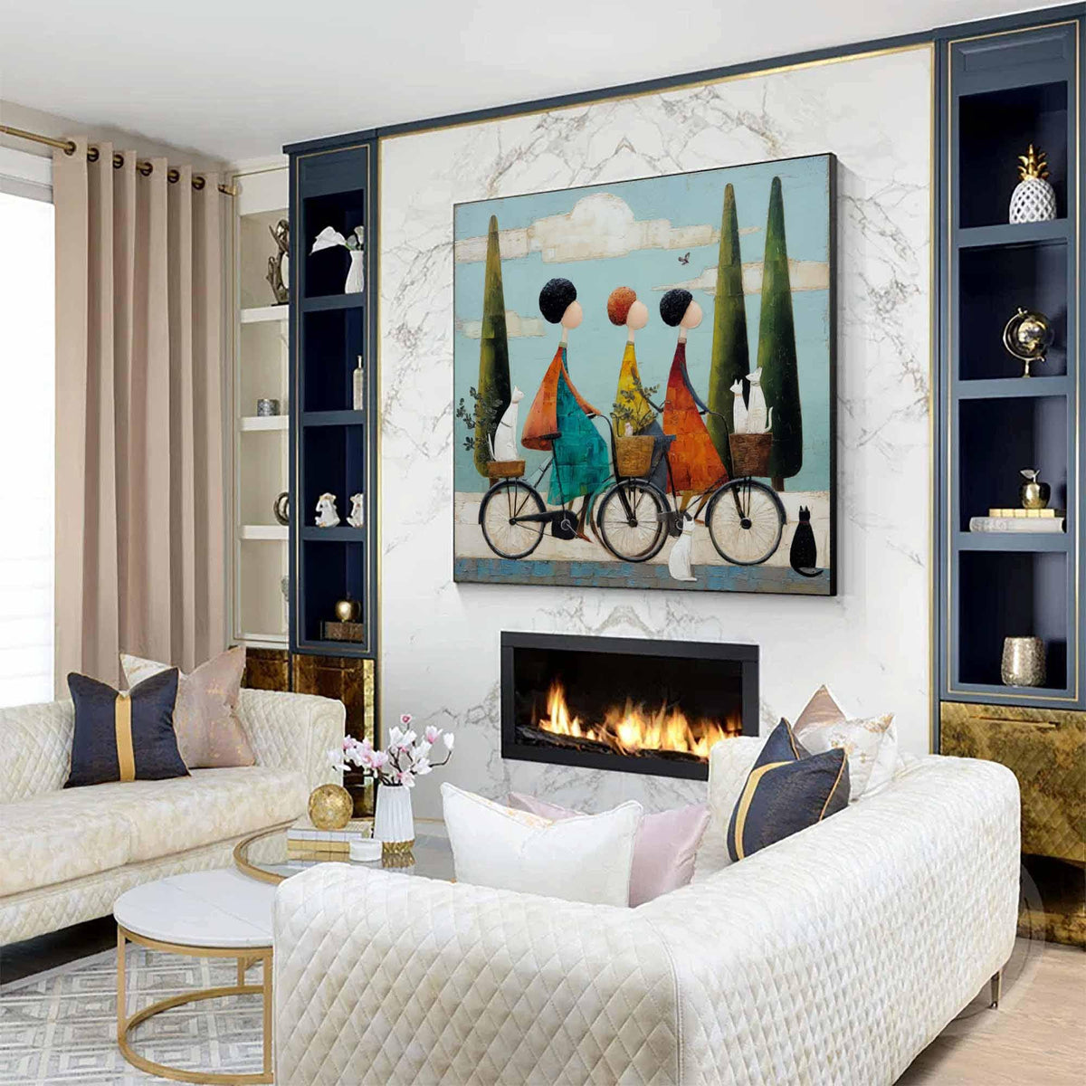 Three Women Riding Bicycles With Their Pets Pastoral Blue Sky Landscape Painting Vintage Style Wall Art Retro Wall Painting