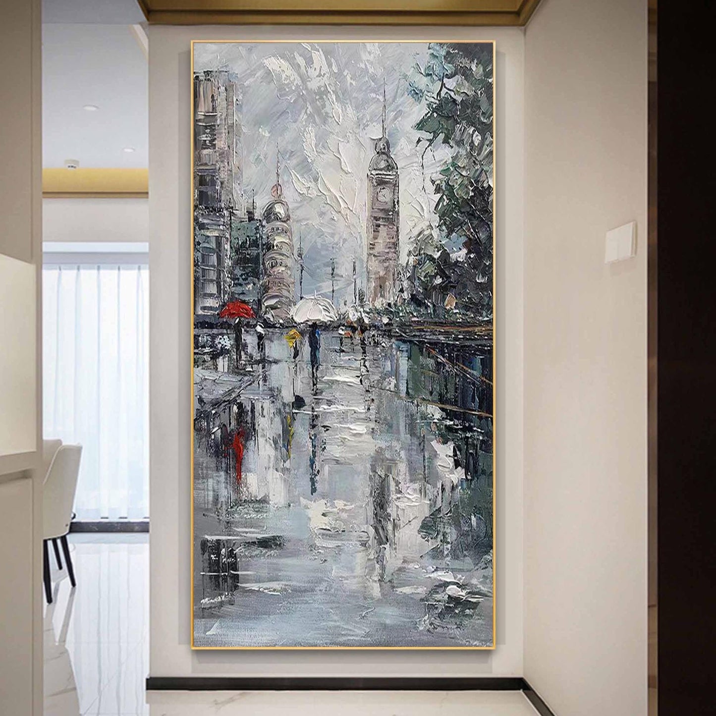 Colorful Impressionist Rainy City Street Oil Painting – City Architecture Wall Art