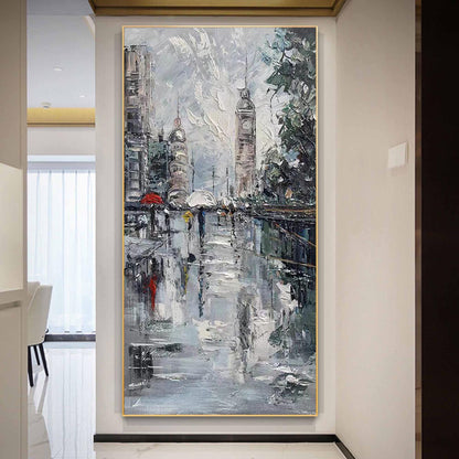 Colorful Impressionist Rainy City Street Oil Painting – City Architecture Wall Art