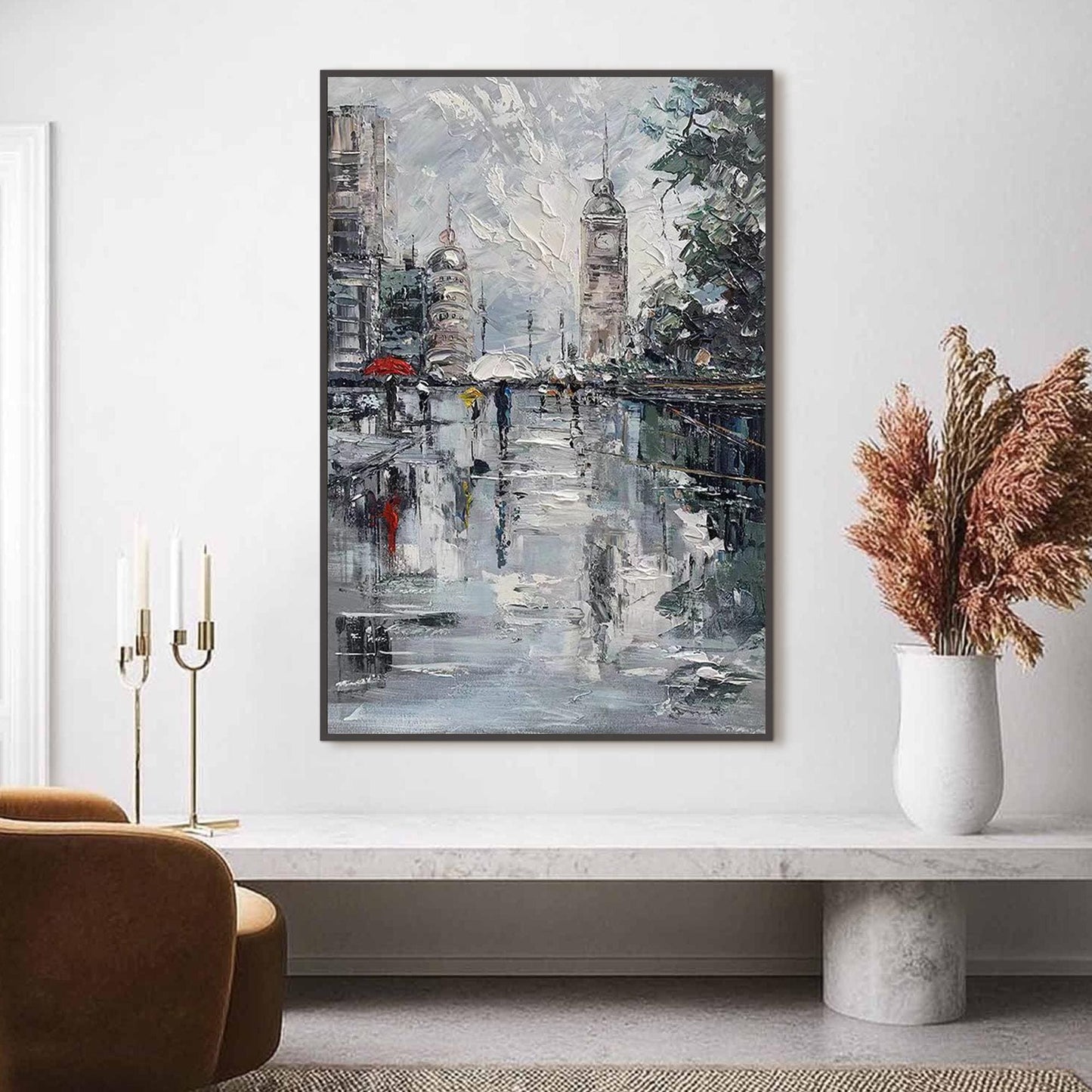 Colorful Impressionist Rainy City Street Oil Painting – City Architecture Wall Art