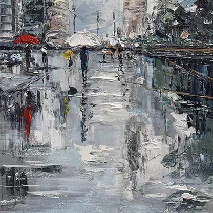 Colorful Impressionist Rainy City Street Oil Painting – City Architecture Wall Art