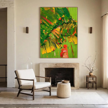 Textured Abstract Oil Painting, Green Yellow Red Impasto Canvas Wall Decor – Green and Yellow Abstract Expressionist Wall Art