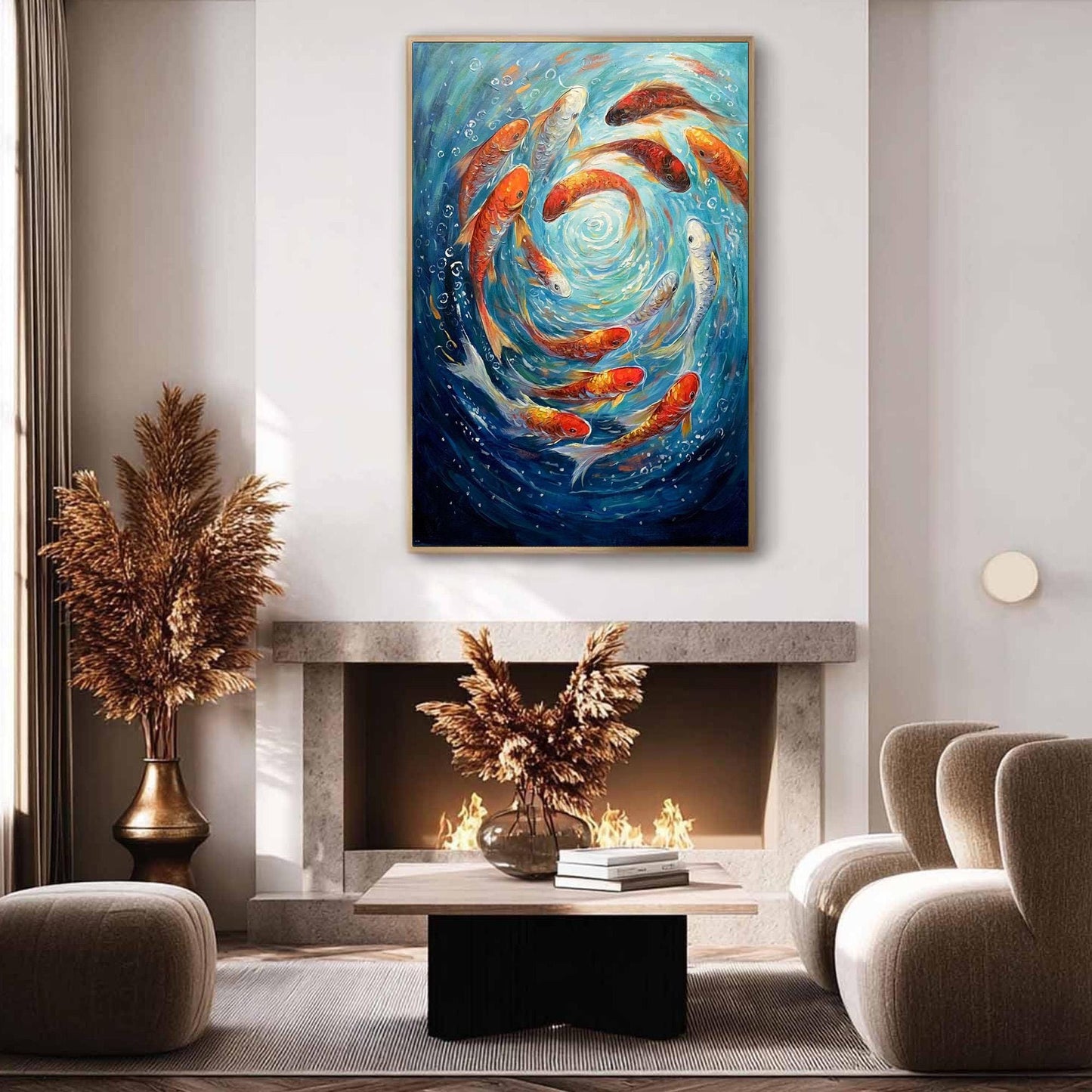 Large – Colorful Koi Fish Animal Wall Art | Abstract Textured Oil Painting, view 2