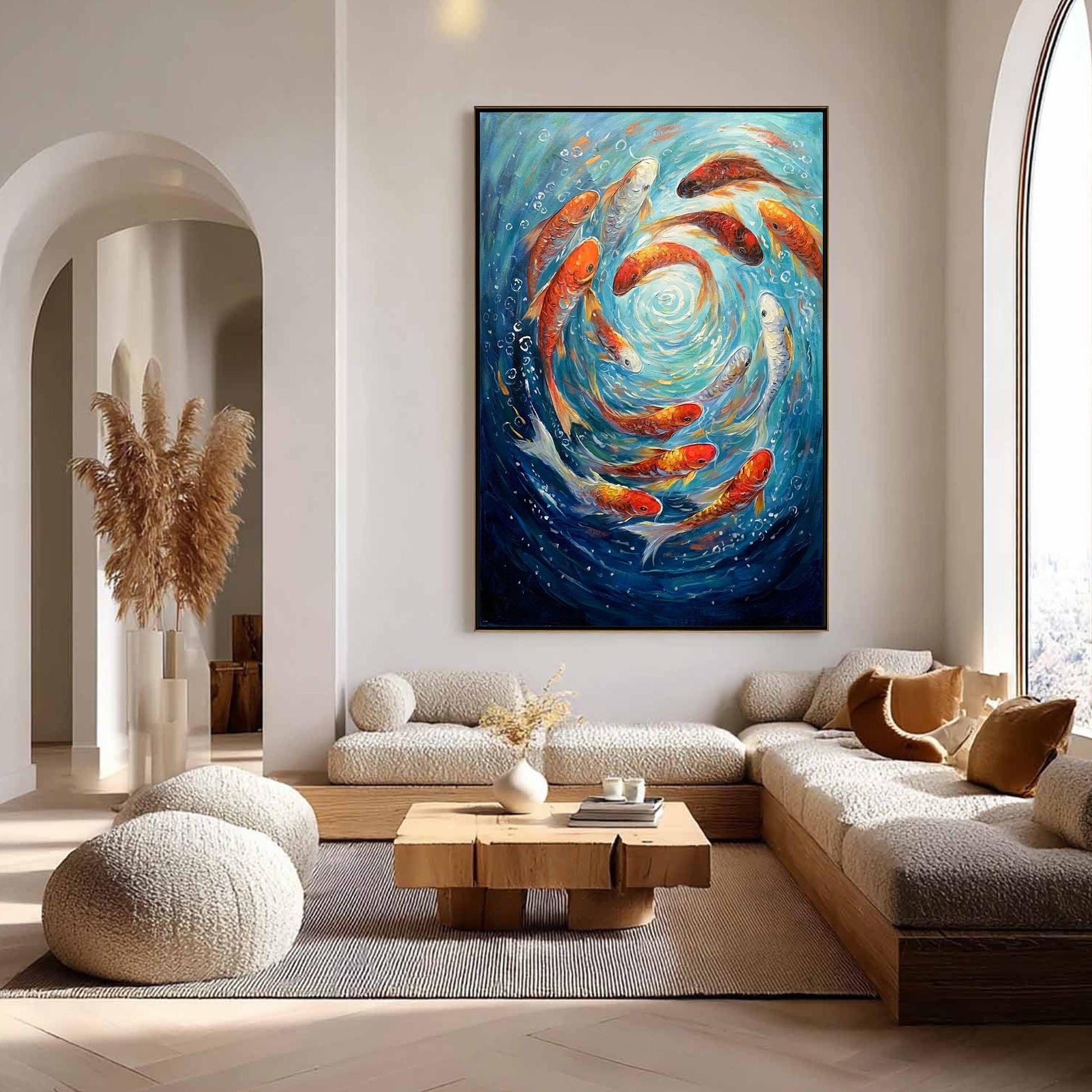 Large – Colorful Koi Fish Animal Wall Art | Abstract Textured Oil Painting, view 1