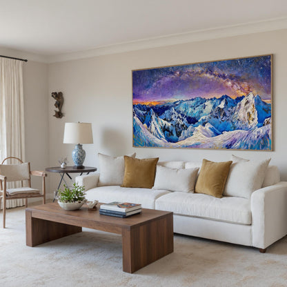 Textured Snow-Capped Mountain Oil Painting, Starry Night Sky Landscape Canvas – Blue and Purple Snow-Capped Mountain Wall Art