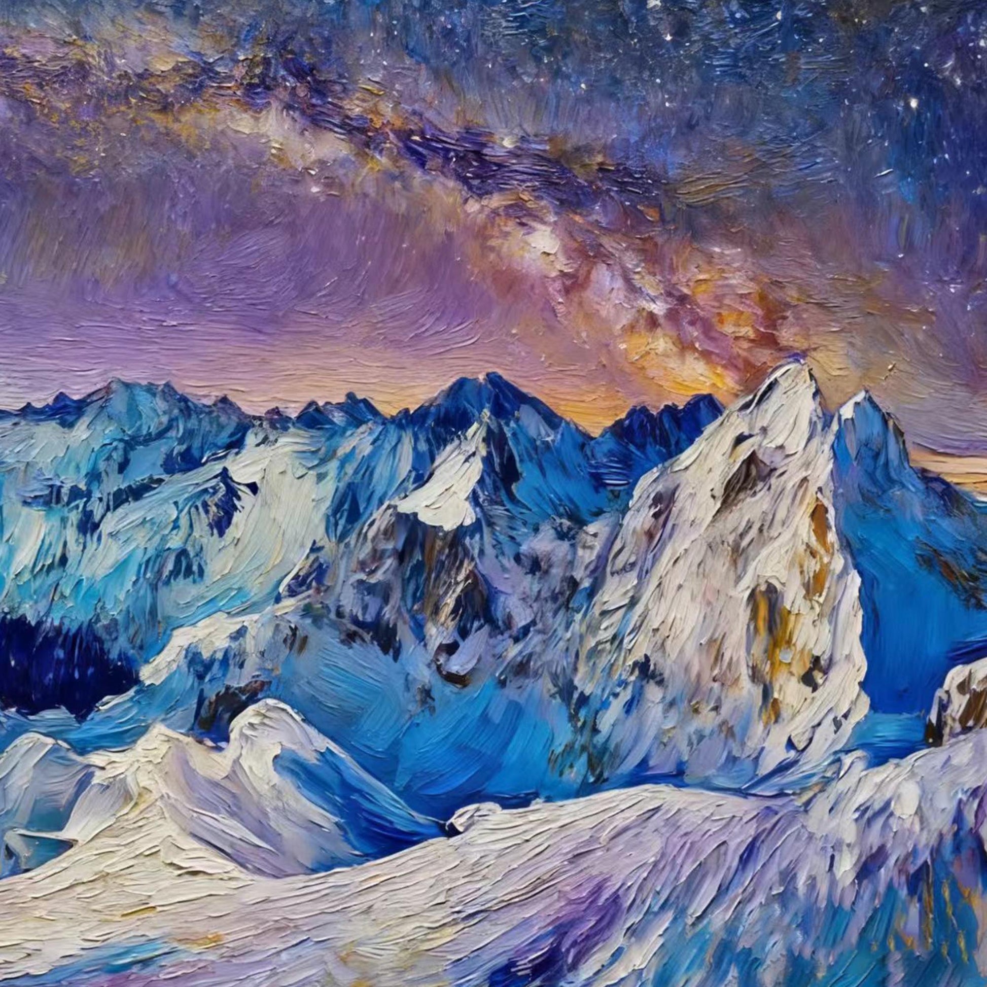 Textured Snow-Capped Mountain Oil Painting, Starry Night Sky Landscape Canvas – Blue and Purple Snow-Capped Mountain Wall Art