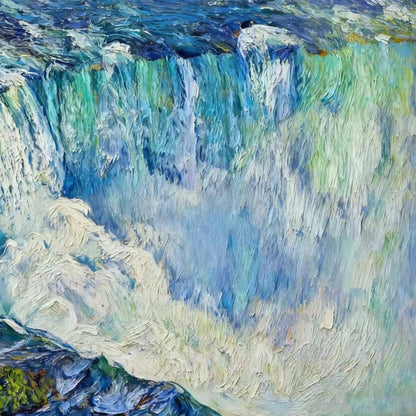 Blue and Green Textured Waterfall Landscape Wall Art – Hand-Painted Waterfall