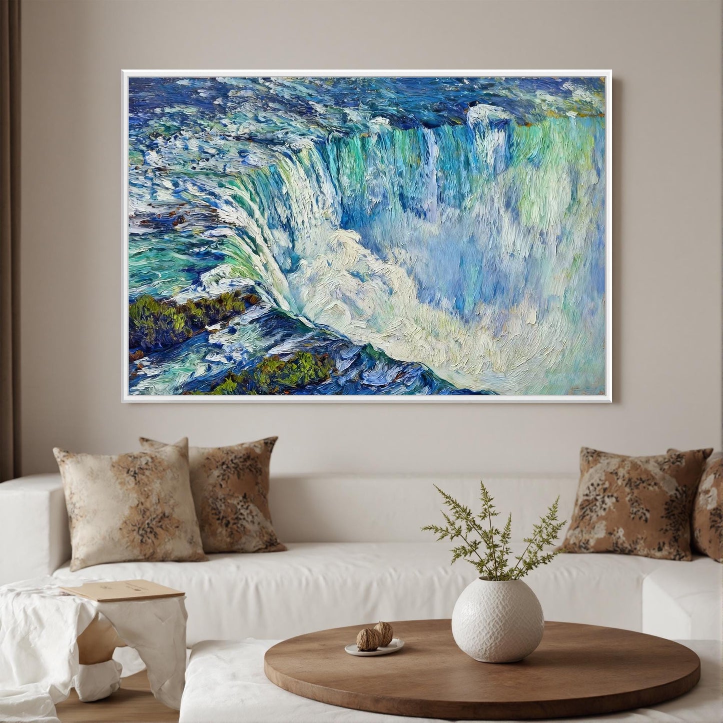 Hand-Painted Waterfall – Blue and Green Waterfall Landscape Wall Art | Textured Hand-Painted Oil Painting, view 4