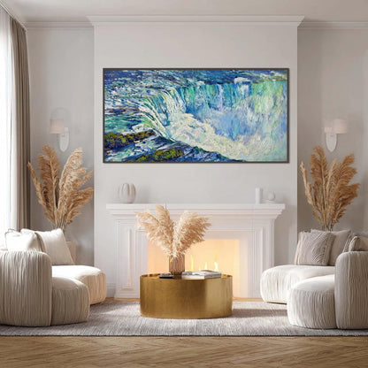 Blue and Green Textured Waterfall Landscape Wall Art – Hand-Painted Waterfall