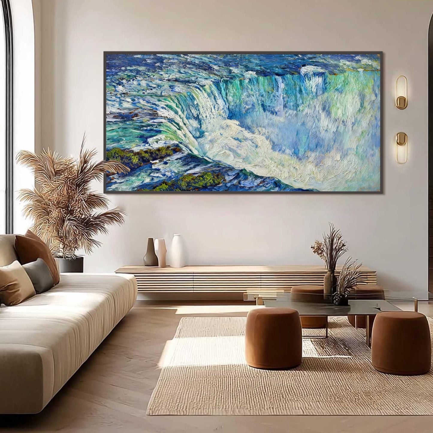 Hand-Painted Waterfall – Blue and Green Waterfall Landscape Wall Art | Textured Hand-Painted Oil Painting, view 1
