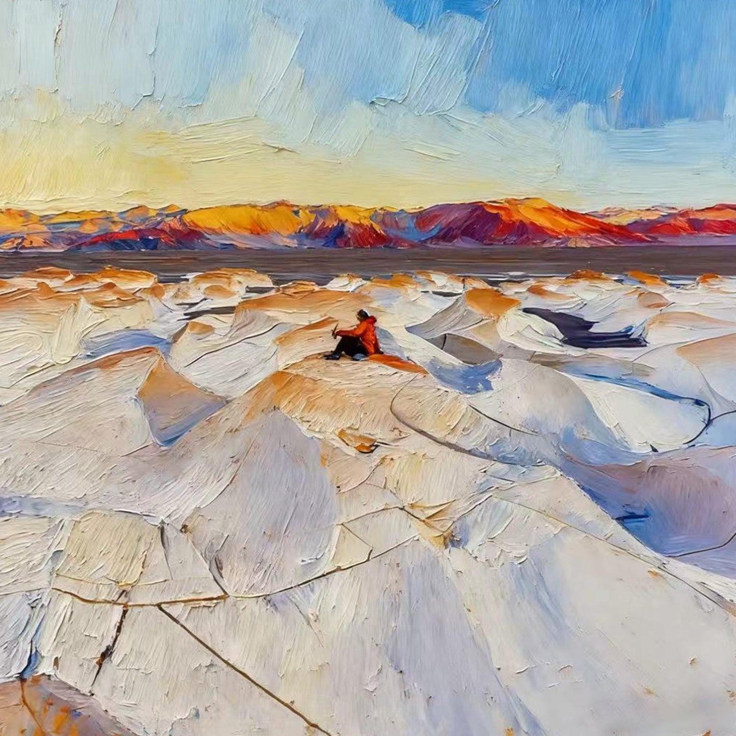 Textured Impasto Oil Painting, Winter Snowscape Lone Figure, Colorful Sky Canvas Wall Art – Colorful Celestial 3D Texture Wal