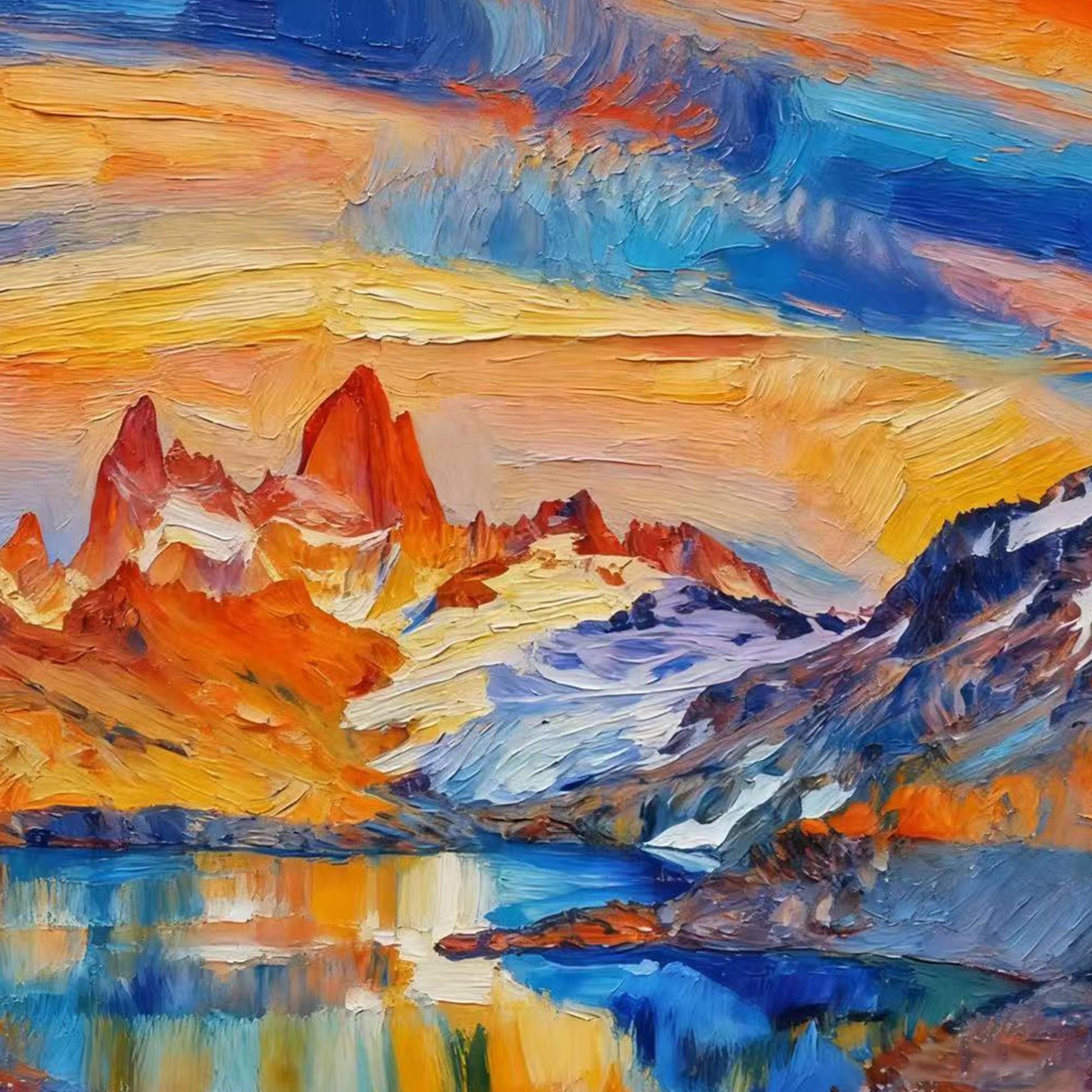 Hand-Painted – Blue and Orange Lake Landscape Wall Art | Impasto Hand-Painted Oil Painting, view 5