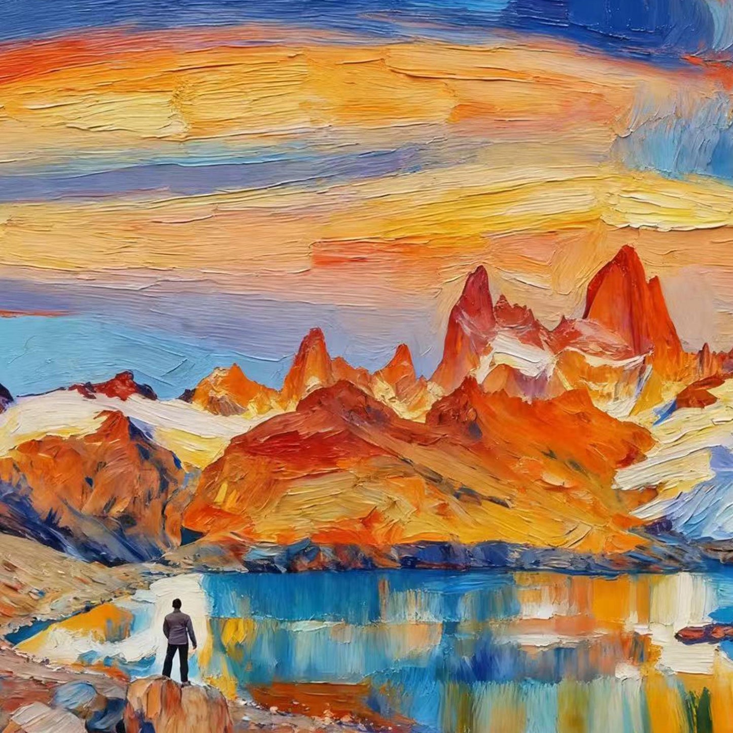 Blue and Orange Impasto Lake Landscape Wall Art – Hand-Painted