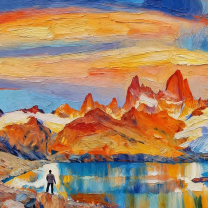 Blue and Orange Impasto Lake Landscape Wall Art – Hand-Painted