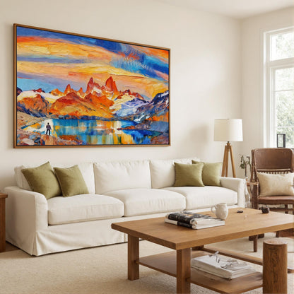 Hand-Painted – Blue and Orange Lake Landscape Wall Art | Impasto Hand-Painted Oil Painting, view 2