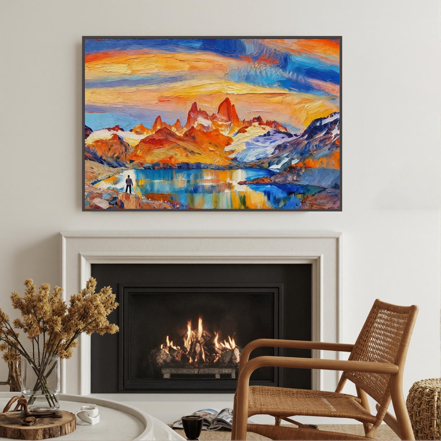 Blue and Orange Impasto Lake Landscape Wall Art – Hand-Painted