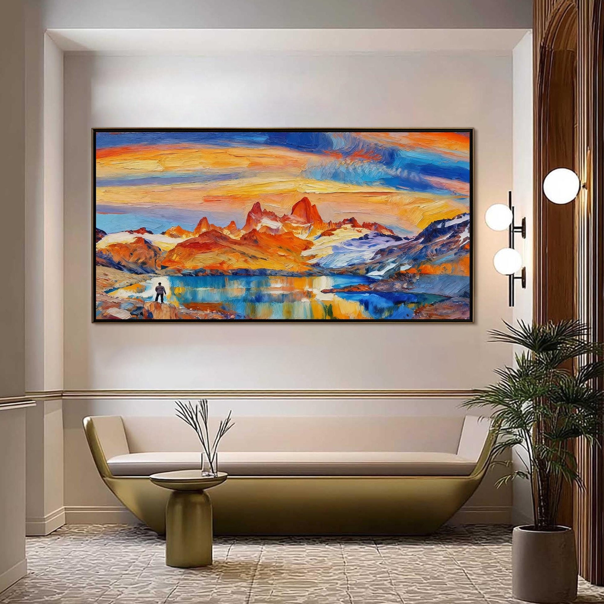 Hand-Painted – Blue and Orange Lake Landscape Wall Art | Impasto Hand-Painted Oil Painting, view 1