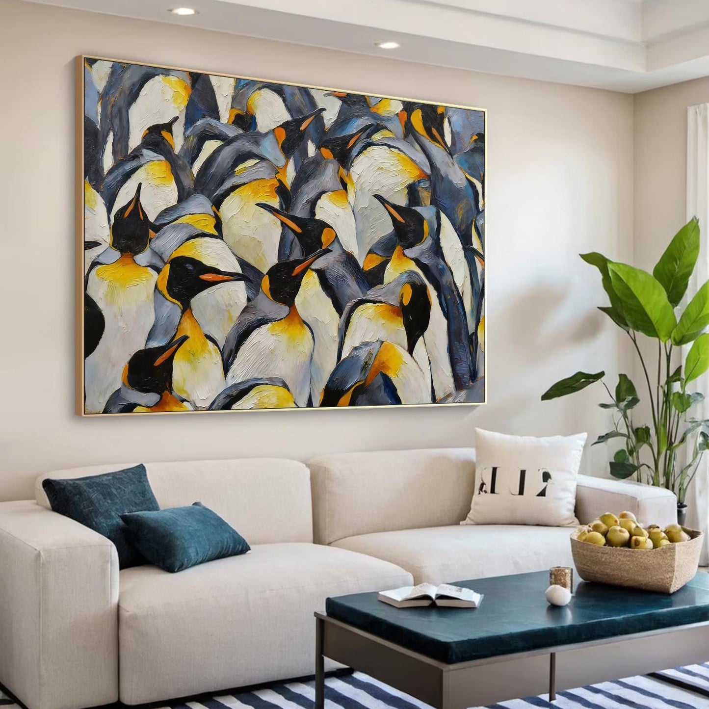 Textured Emperor Penguin Oil Painting, Antarctic Colony Wildlife Art – Blue and Yellow Abstract 3D Texture Wall Art | Texture