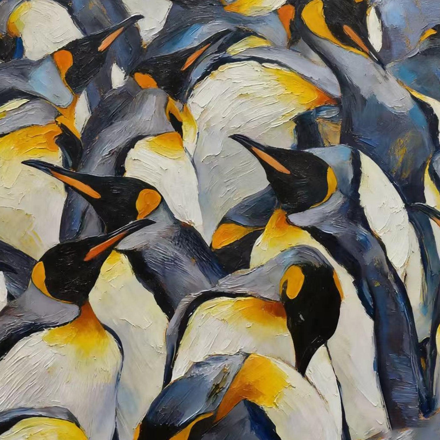 Textured Emperor Penguin Oil Painting, Antarctic Colony Wildlife Art – Blue and Yellow Abstract 3D Texture Wall Art | Texture