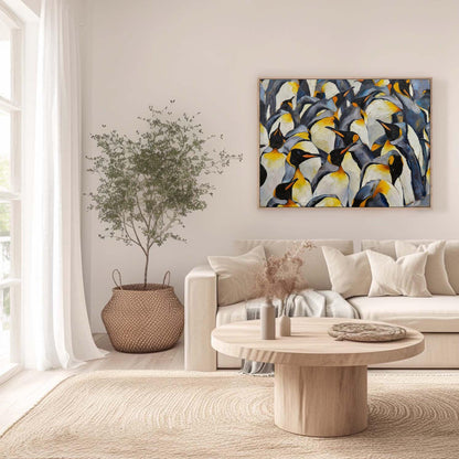 Blue and Yellow Textured Abstract 3D Texture Wall Art – Textured Emperor Penguin Oil Painting, Antarctic Colony Wildlife Art