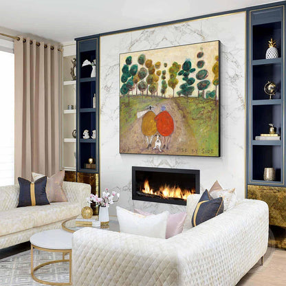 May include: A rectangular wall art piece featuring a painting of two figures in yellow and red coats walking with a small dog on a path through a forest of stylized green trees, with the text SIDE BY SIDE printed in the bottom right corner.