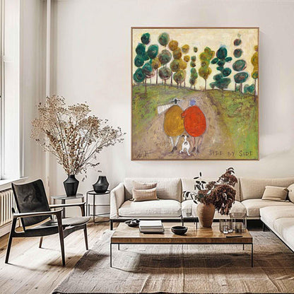May include: A square canvas painting featuring two figures in yellow and red coats walking with a small white dog on a dirt path through a green landscape with stylized trees. The text SIDE BY SIDE is printed in the bottom right corner.