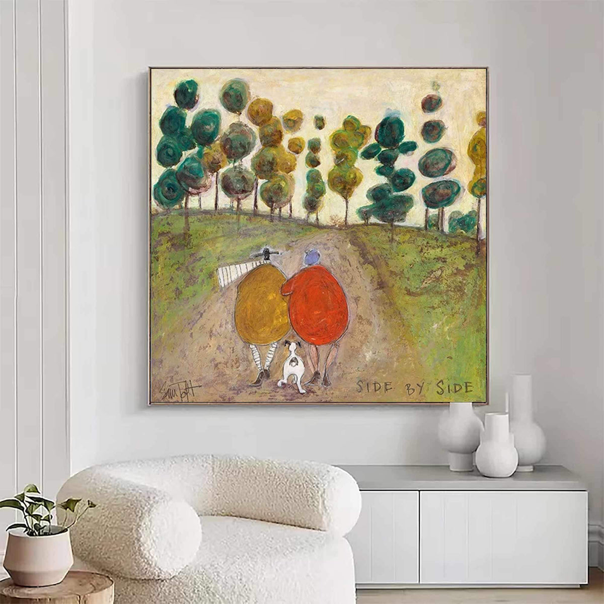 May include: A square painting depicts two figures in yellow and red coats walking a small white dog along a dirt path. The background features green and yellow trees under a pale sky. The text SIDE BY SIDE is printed in the bottom right corner.