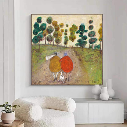 May include: A square painting depicts two figures in yellow and red coats walking a small white dog along a dirt path. The background features green and yellow trees under a pale sky. The text SIDE BY SIDE is printed in the bottom right corner.