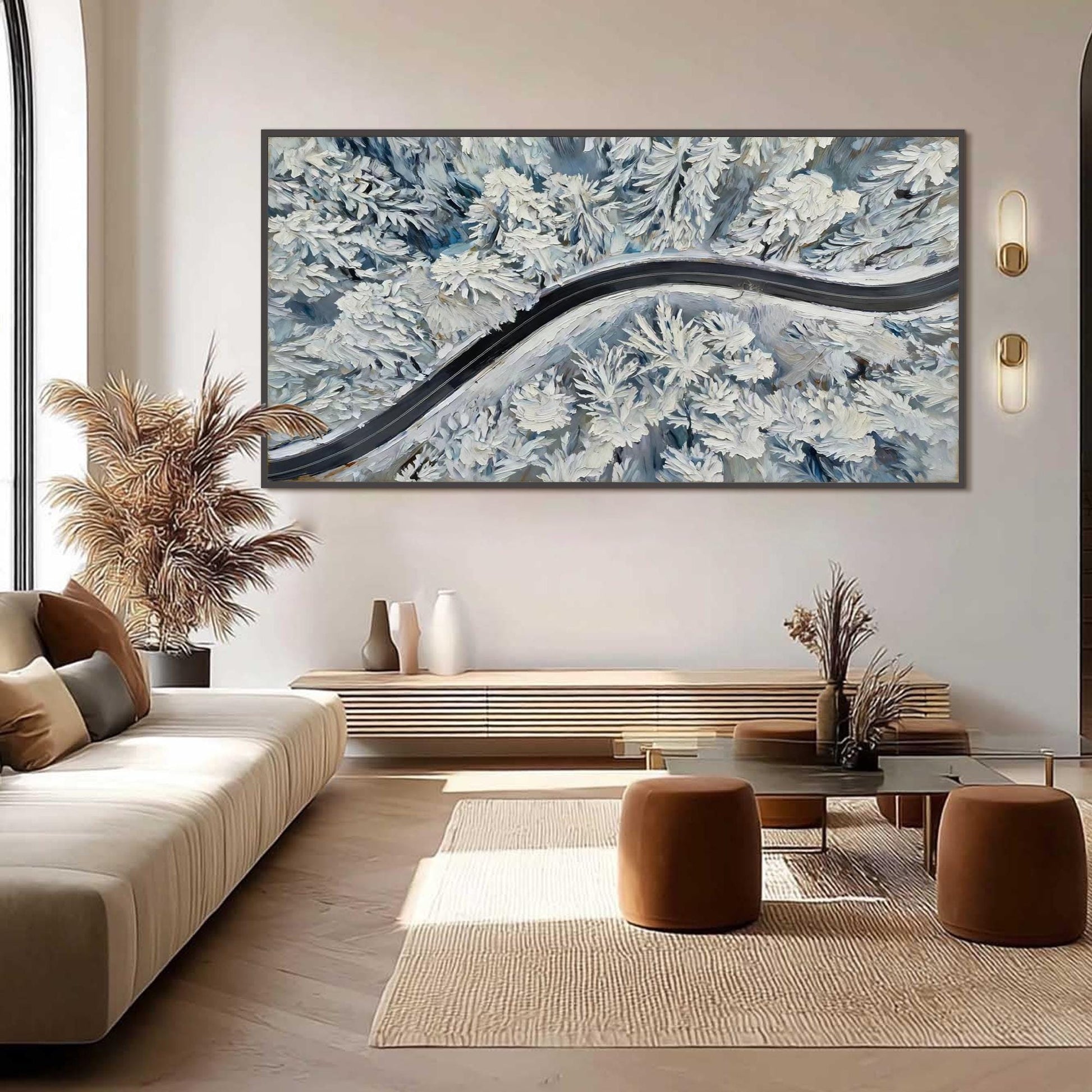 Hand-Painted Winter Forest – Blue and White Forest Tree Wall Art | Impasto Hand-Painted Oil Painting, view 1