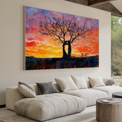Embracing Trees – Orange and Red Couple Figure Portrait Wall Art | Abstract Expressionist Impasto Hand-Painted Oil Painting, 