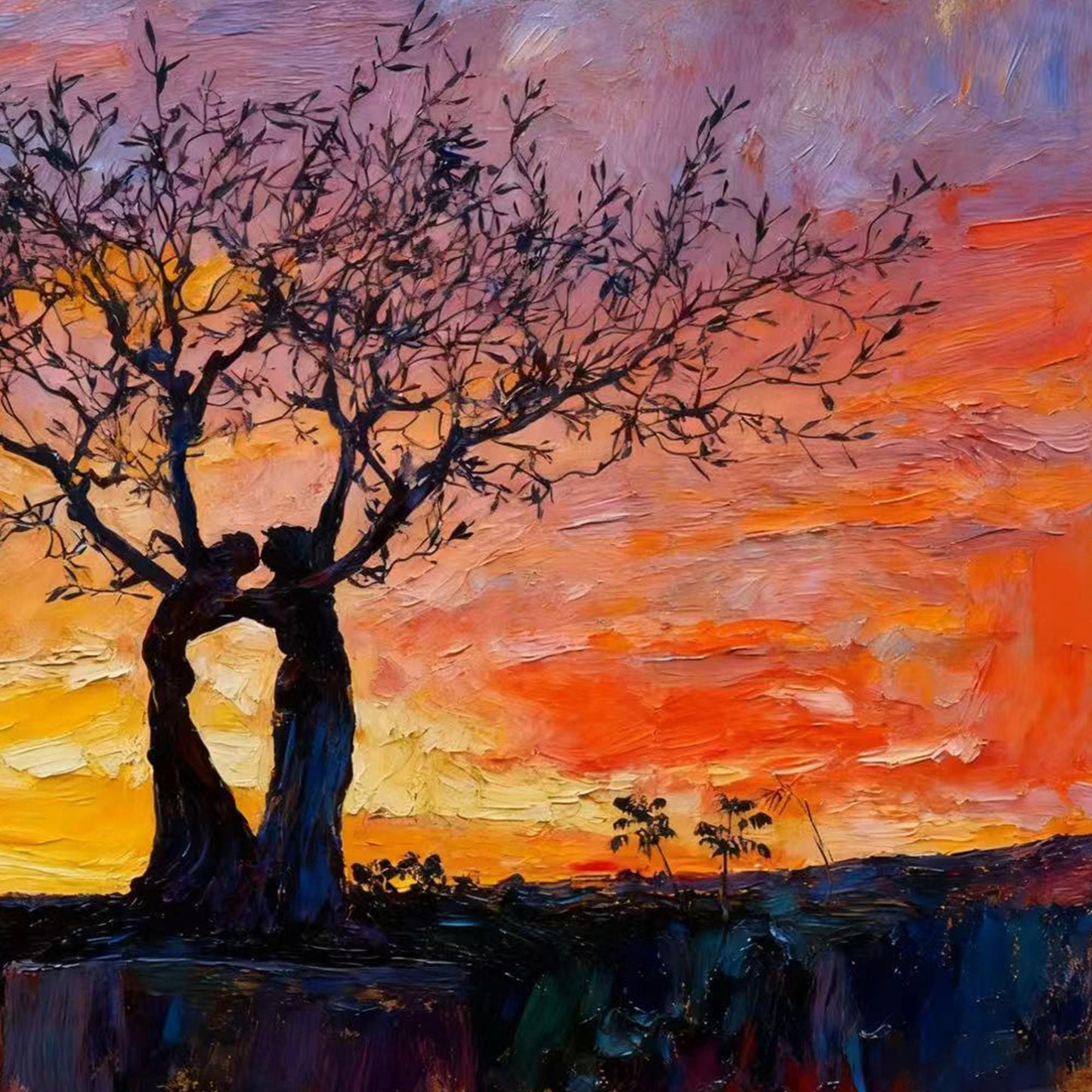Embracing Trees – Orange and Red Couple Figure Portrait Wall Art | Abstract Expressionist Impasto Hand-Painted Oil Painting, 