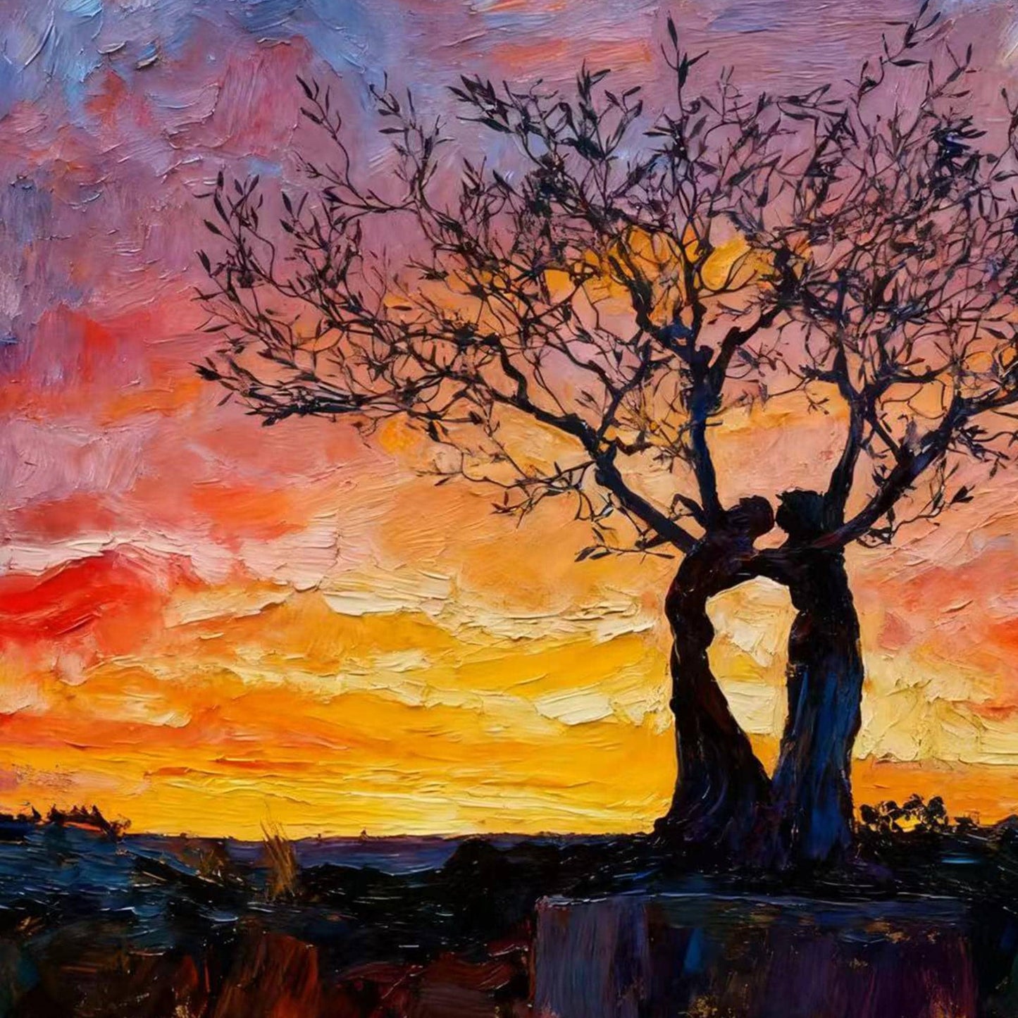Orange and Red Abstract Expressionist Impasto Couple Figure Portrait Wall Art – Embracing Trees