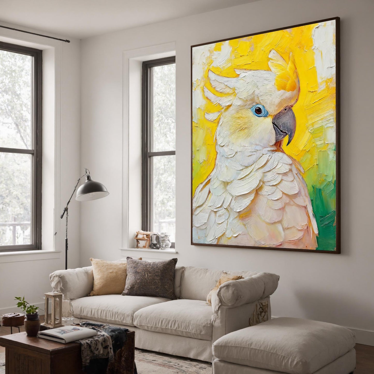 Hand-Painted White Cockatoo – Blue and Yellow Bird Animal Wall Art | Impasto Hand-Painted Oil Painting, view 3