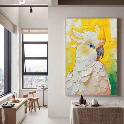 Blue and Yellow Impasto Bird Animal Wall Art – Hand-Painted White Cockatoo
