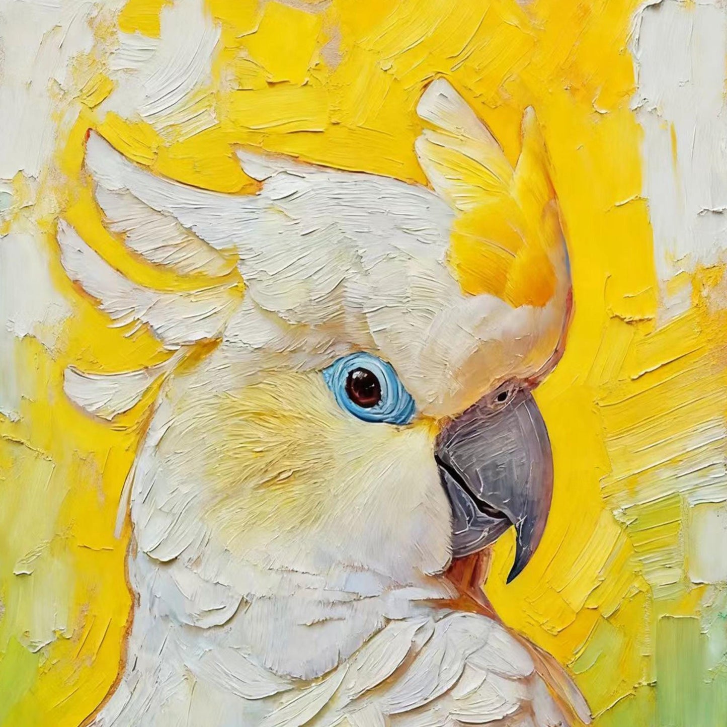 Hand-Painted White Cockatoo – Blue and Yellow Bird Animal Wall Art | Impasto Hand-Painted Oil Painting, view 5