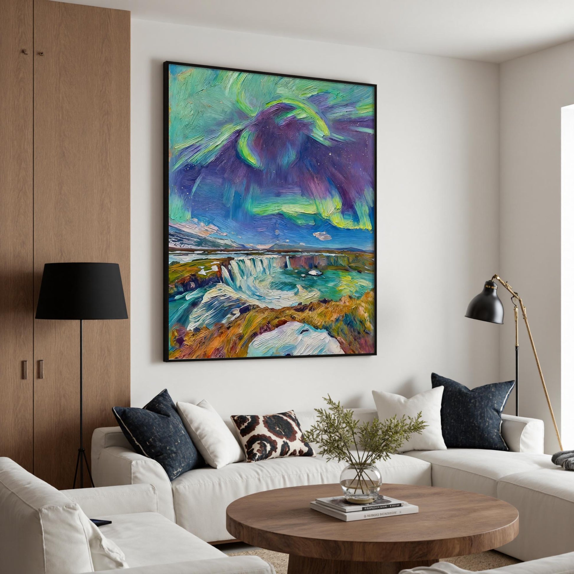 Textured Northern Lights Painting, Iceland Waterfall Impasto Art, Moody Landscape Wall Art – Colorful Waterfall Landscape Wal