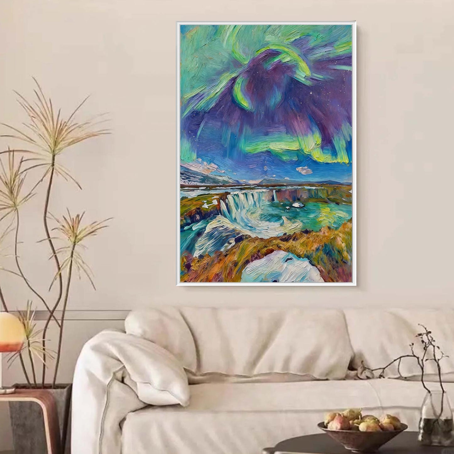 Colorful Impasto Waterfall Landscape Wall Art – Textured Northern Lights Painting
