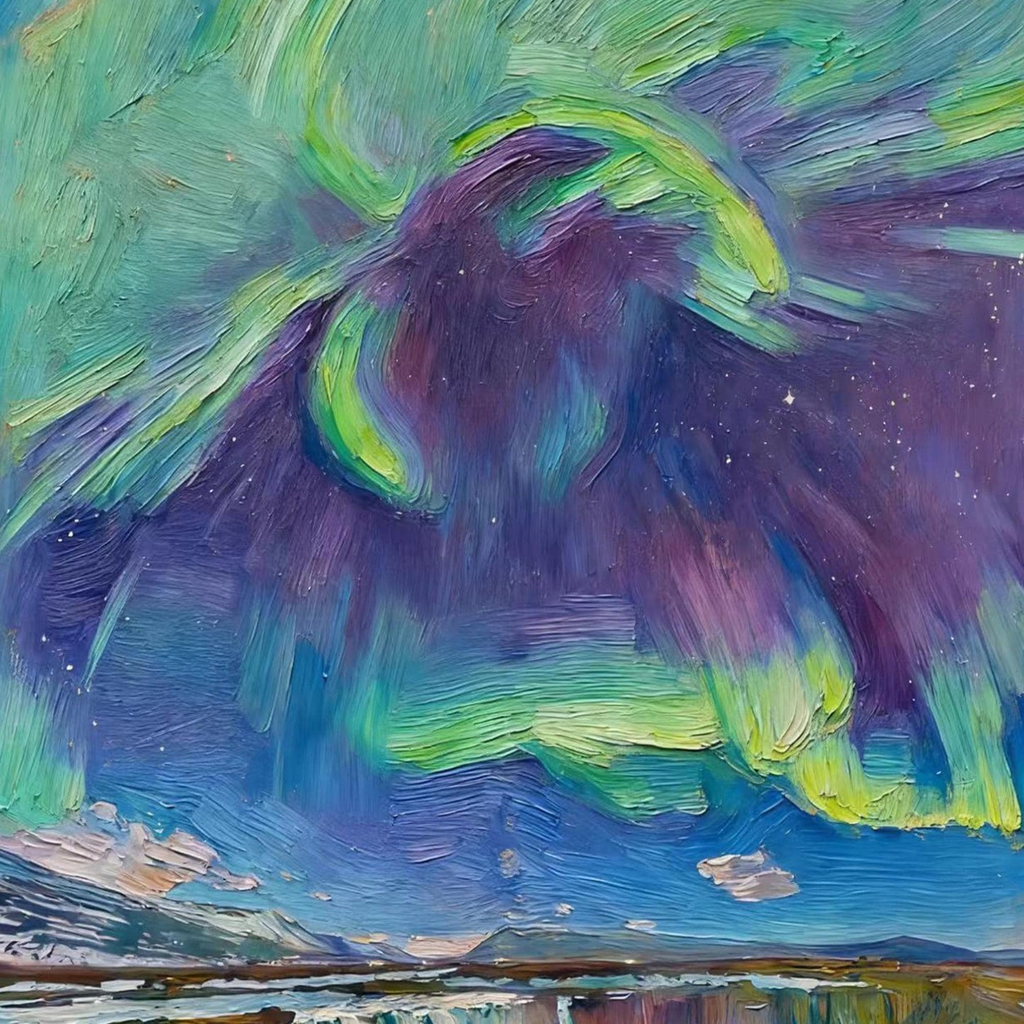 Colorful Impasto Waterfall Landscape Wall Art – Textured Northern Lights Painting
