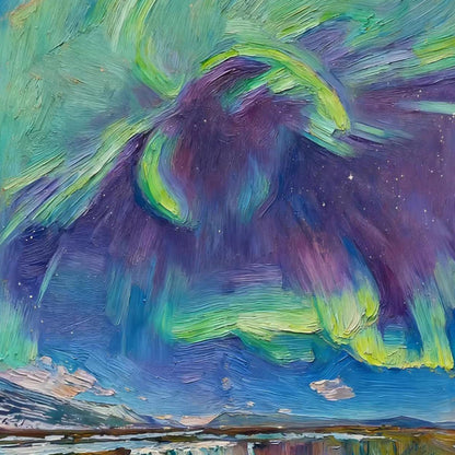Colorful Impasto Waterfall Landscape Wall Art – Textured Northern Lights Painting