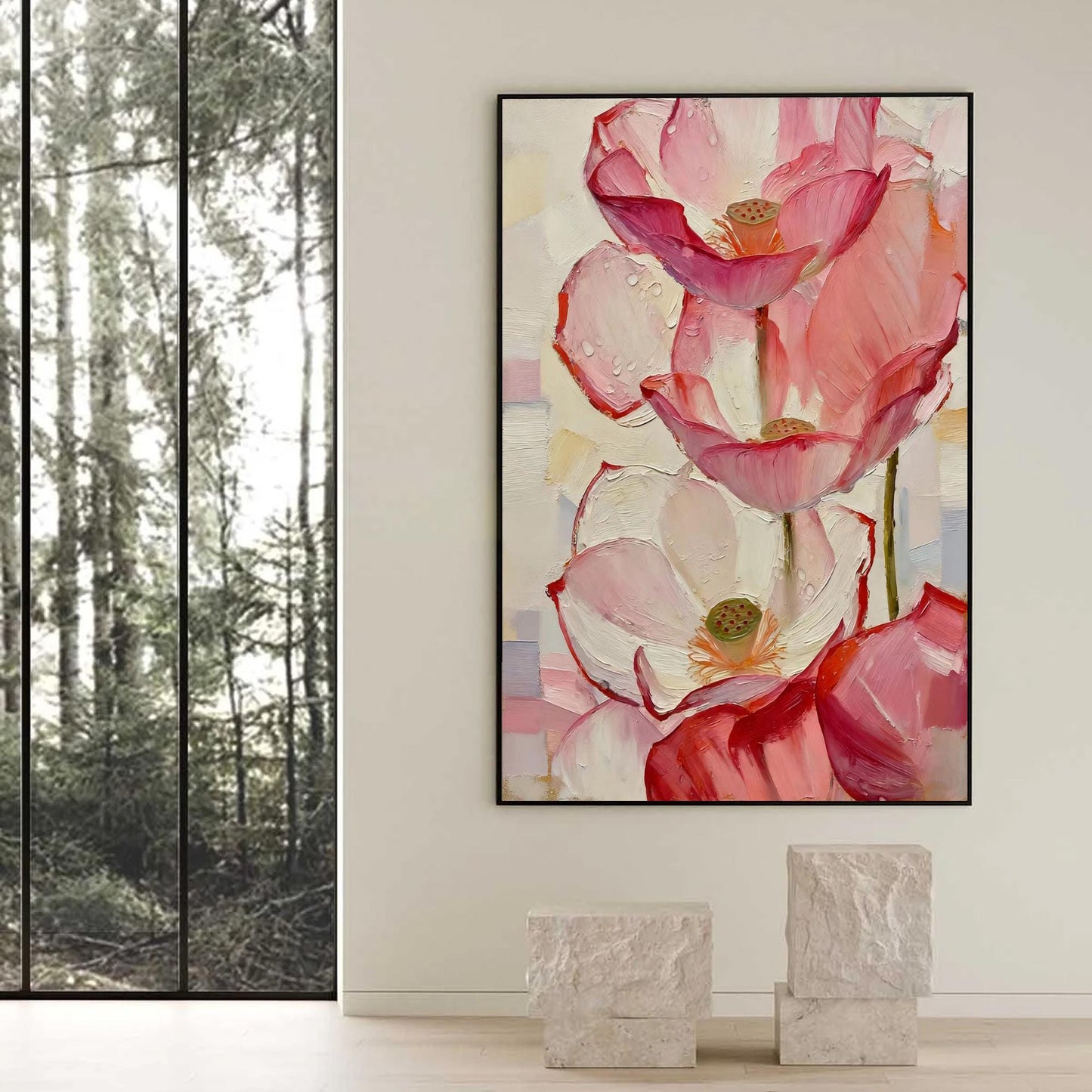 Pink and White Impasto Lotus Floral Wall Art – Large Pink Lotus