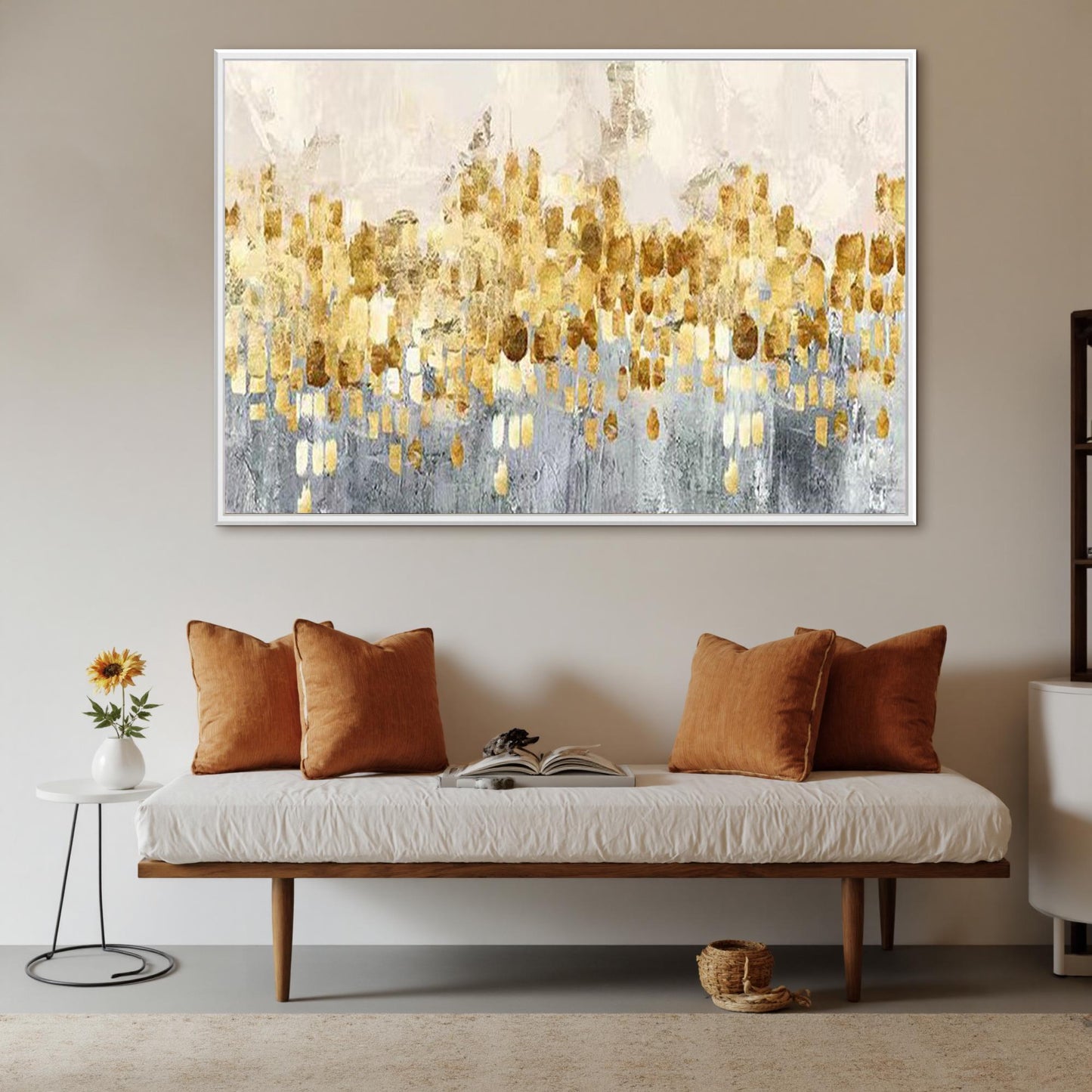 Panoramic Gold and Grey Minimalist Textured Botanical Leaf Wall Art Painting