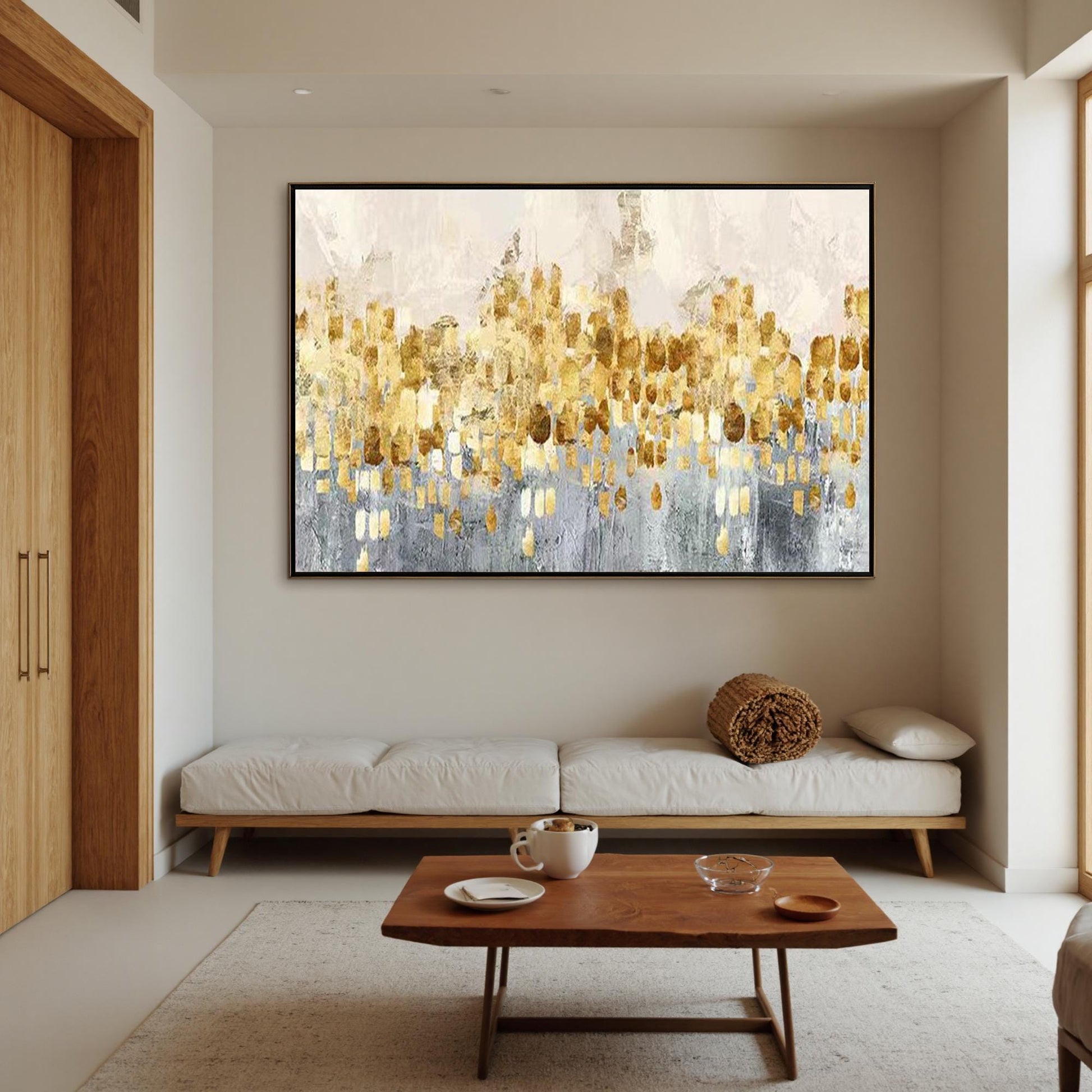 Large Gold Leaf – Panoramic Gold and Grey Botanical Leaf Wall Art | Minimalist Textured Painting, view 4