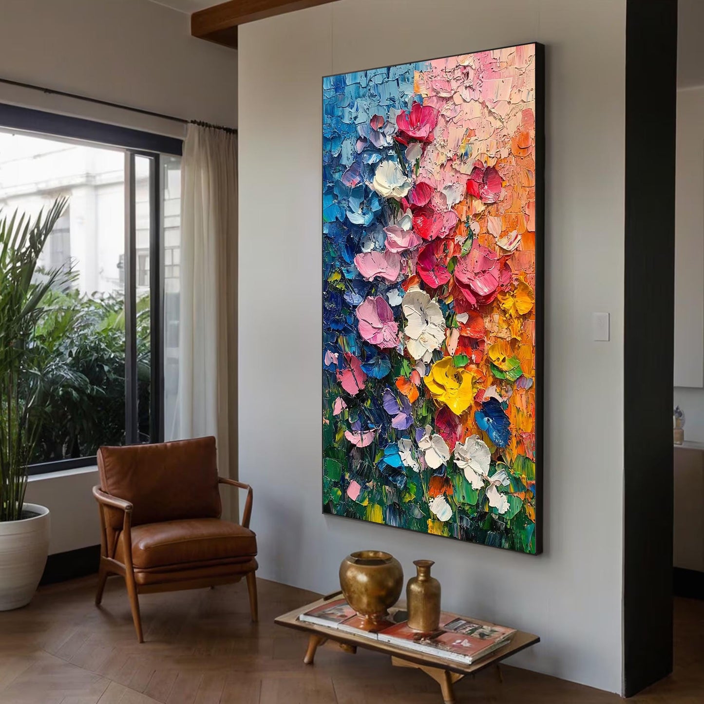 Textured Impasto Flower Painting, Palette Knife Floral Wall Art, 3D Canvas Living Room Decor – Colorful Flower Garden Floral 