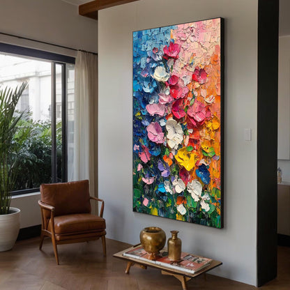 Textured Impasto Flower Painting, Palette Knife Floral Wall Art, 3D Canvas Living Room Decor – Colorful Flower Garden Floral 